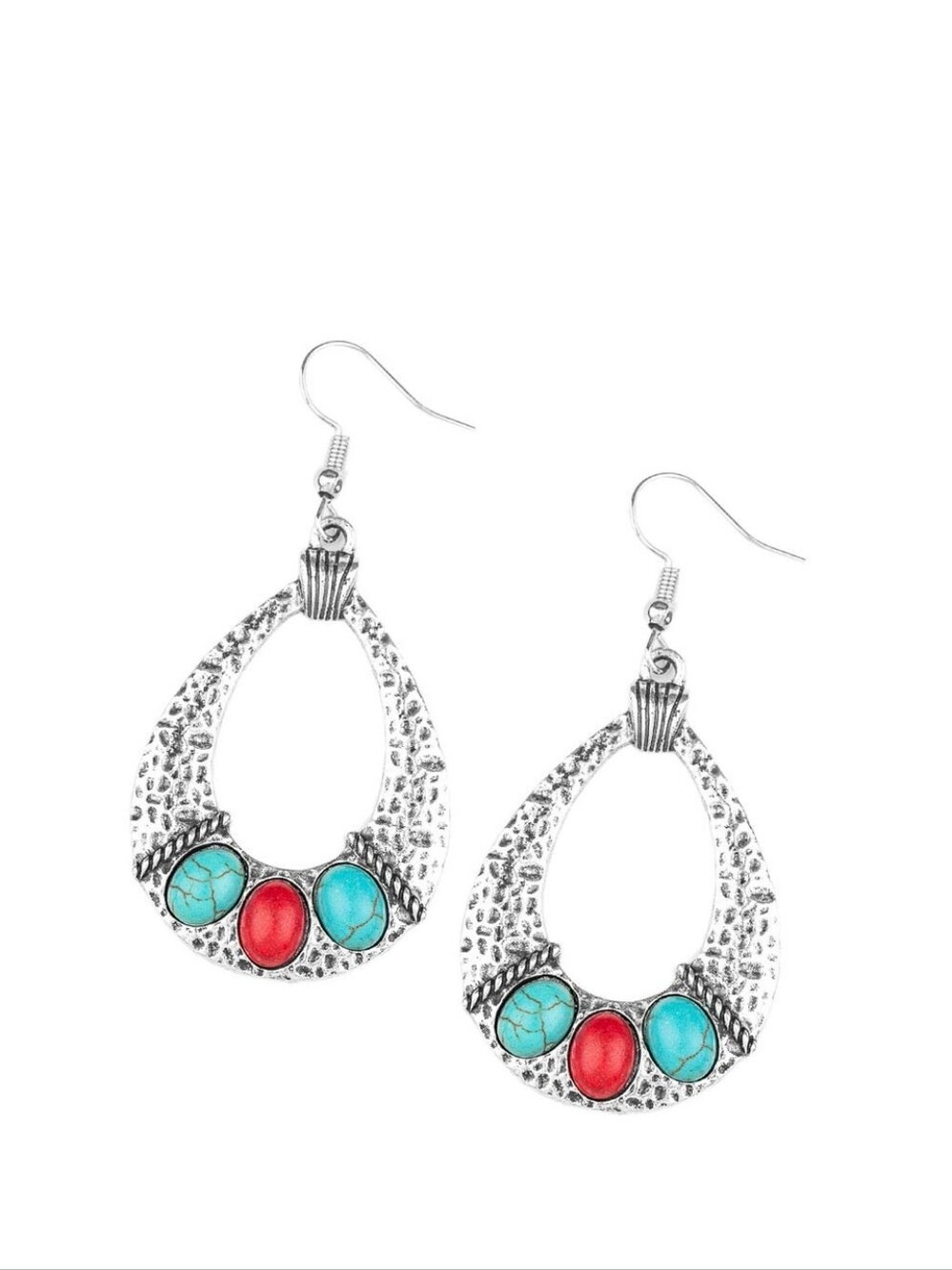 paparazzi Silver Teardrop Earrings with Turquoise and Coral Accents